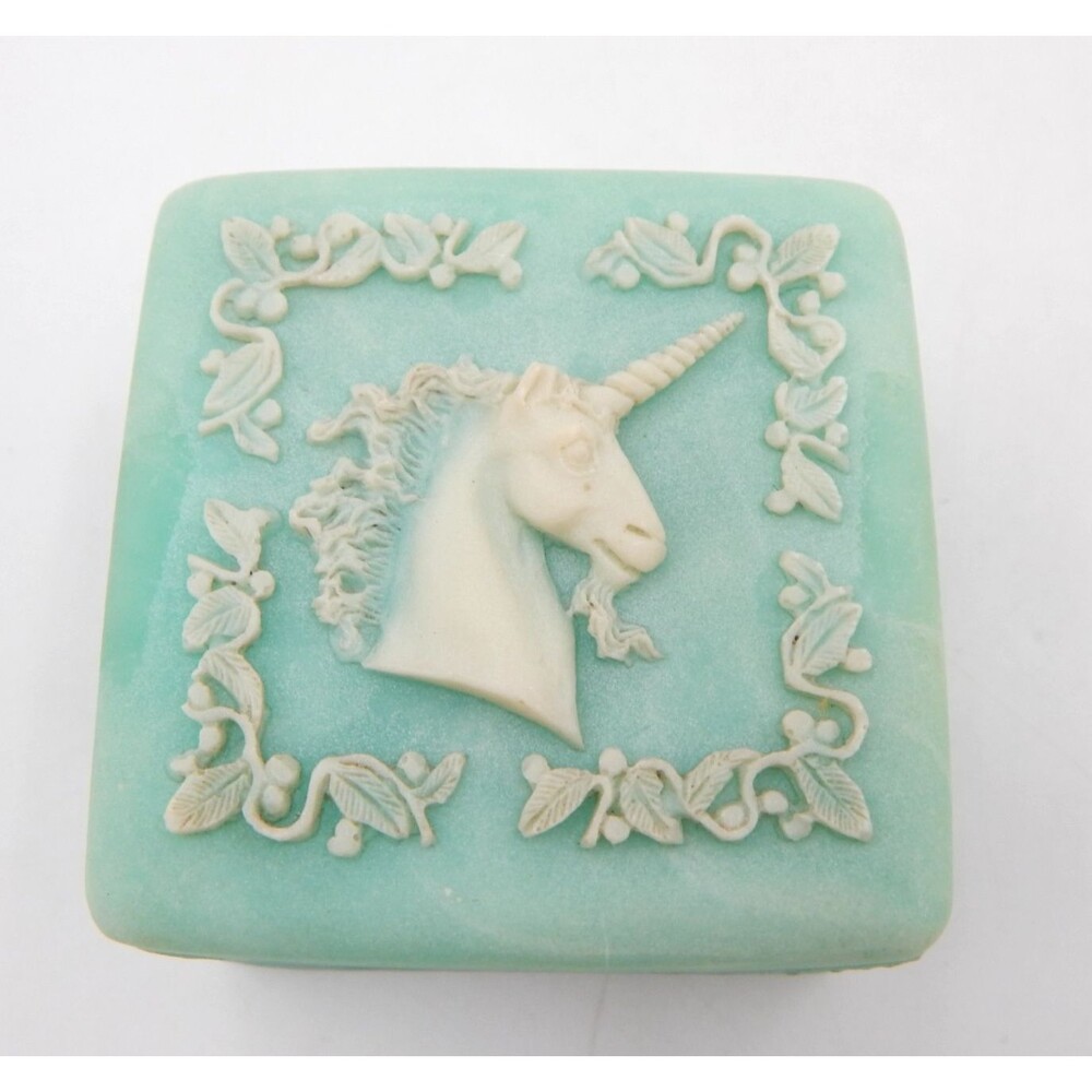 Vintage Genuine Green Incolay Unicorn Stone Jewelry Trinket Box 2 Inch